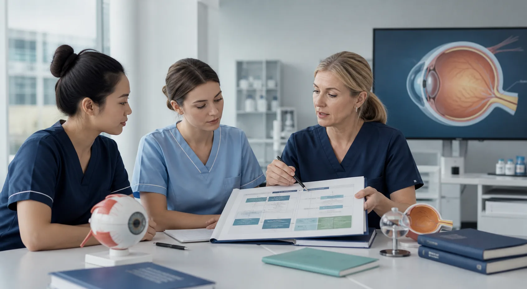 Nurses reviewing chronic vision care training materials in a clinical education room