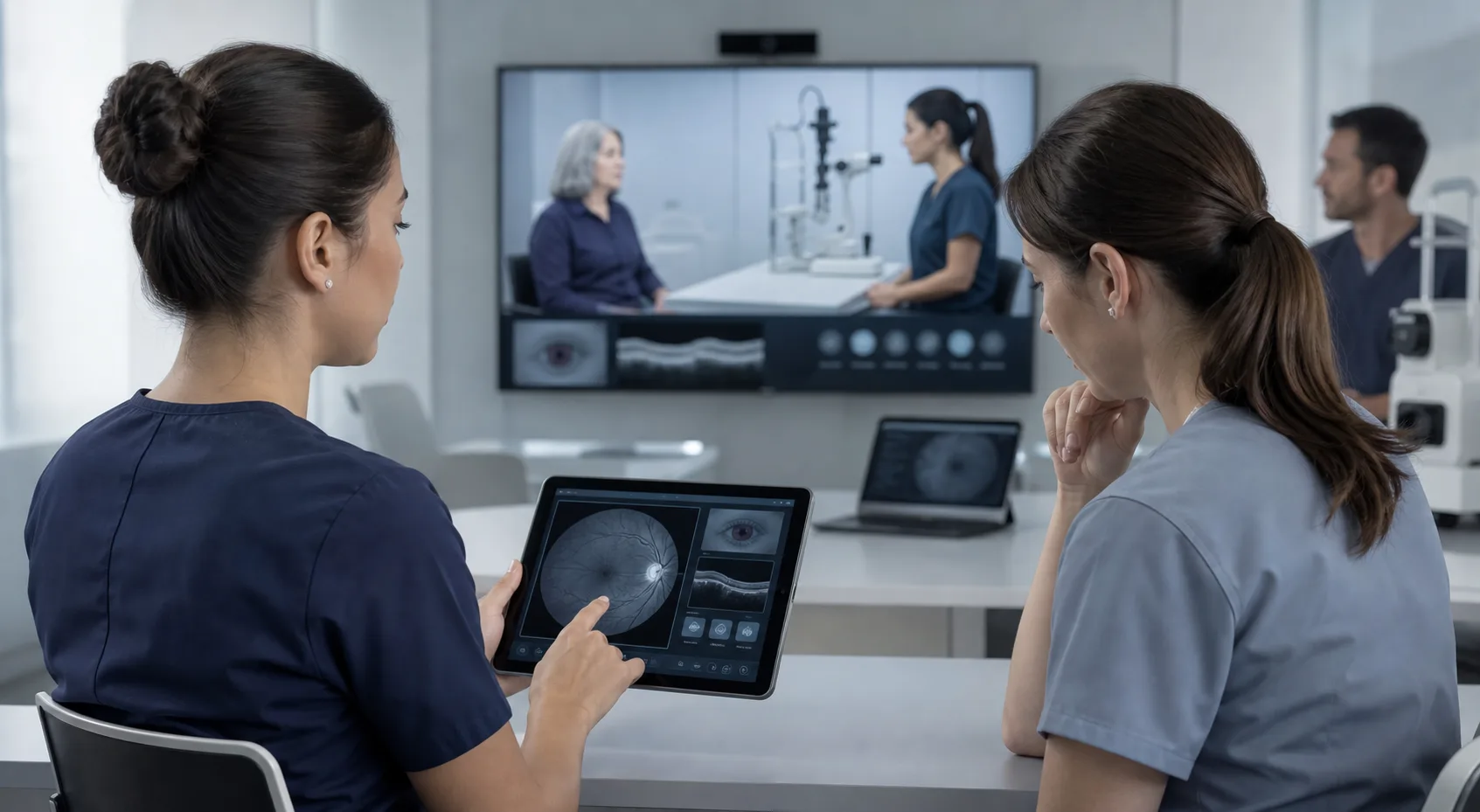 Nurse using a digital simulation for chronic vision care training